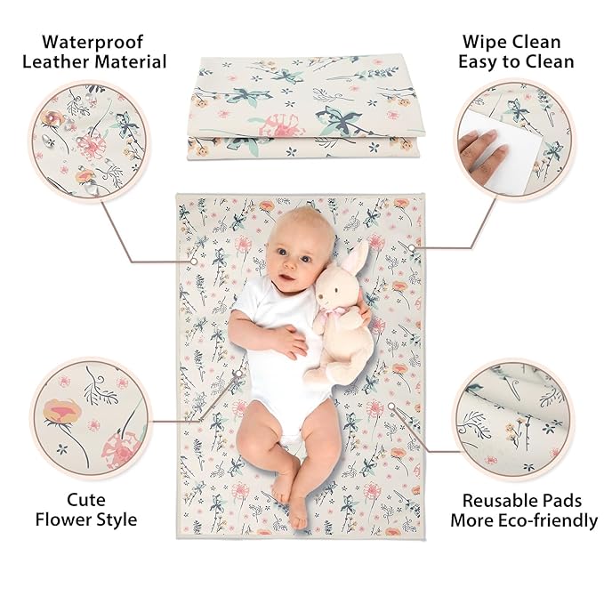 Vegan Leather Baby Changing Mat - Wipeable Portable Changing Pad, Foldable Travel Changing Mat for Baby, Newborns Toddlers Shower Gifts (Floral,20"*28")