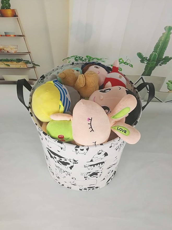KUNRO Round Laundry Basket Hamper Kids Toys and Clothes Storage Basket Children Gift Basket Baby Toy Organizer Bins for Room Decor (Cow)