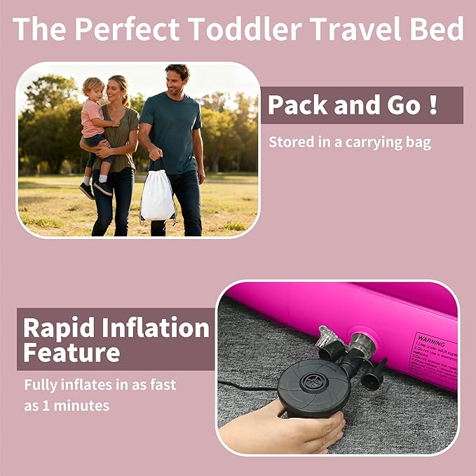 CAMPLAND Inflatable Toddler Travel Bed, Portable Kids Air Mattress with Soft Bed Sheet, Toddler Air Mattress with Surround Safety Bumpers, ldeal for Home Use or Travel, Includes Pump and Carry Bag