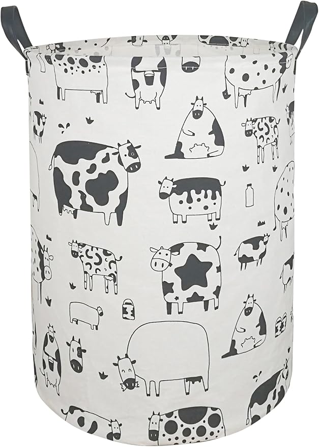 KUNRO Round Laundry Basket Hamper Kids Toys and Clothes Storage Basket Children Gift Basket Baby Toy Organizer Bins for Room Decor (Cow)