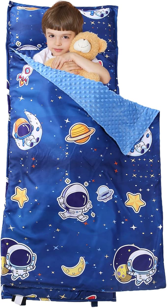 Toddler Nap Mat with Removable Pillow and Minky Blanket,Soft Rolled Napping Mats for Boys and Girls,Lightweight Daycare,Preschool,Travel Toddler Sleeping Slumber Bags -50"×20”(Space)
