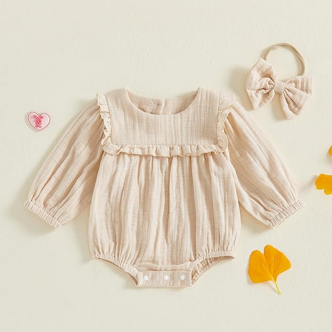 2pcs Infant Baby Girls Romper Dress Headband Long Sleeve Clothing Flowers Newborn Boho Girl Outfit Jumpsuit Clothes