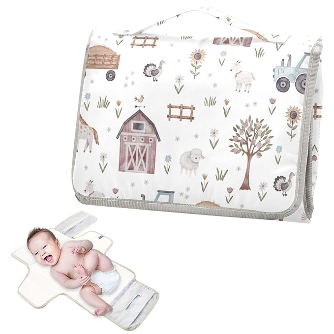 Portable Changing Pad for Baby - Cute Farm Animals Waterproof Diaper Changing Mat Travel Changing Pad with Built-in Pillow - Shower Gift for Baby