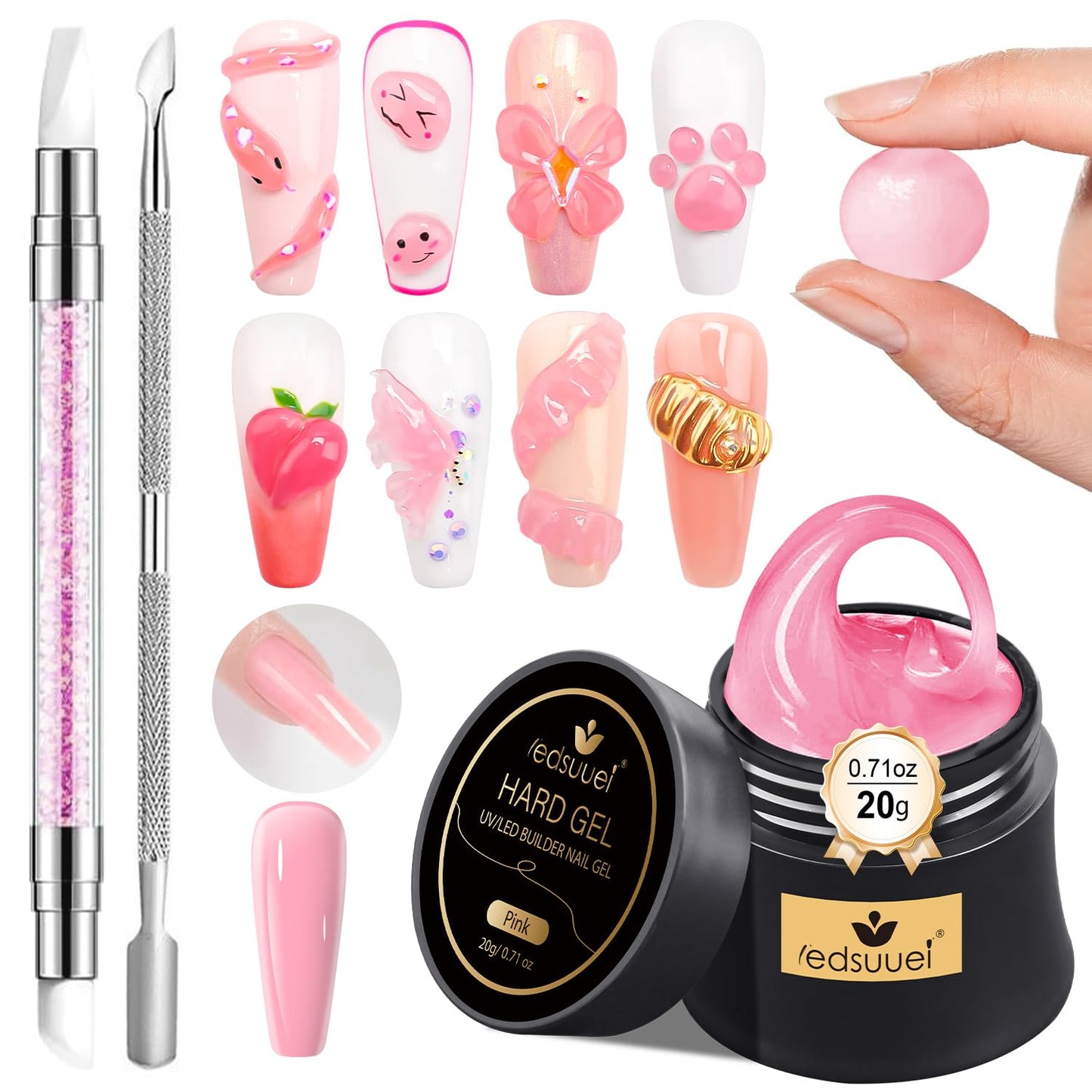 Solid Builder Gel for Nails LEDSUUEI - Pink 3D Nail Gel Sculpting Non-Sticky Hand Carving Glue Extension for Manicure Salon Home Decoration DIY 20g