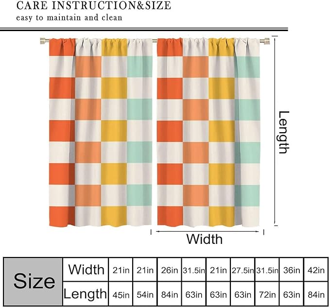 70s Retro Curtains,Cute Green Pink Yellow Checkered Hippie Window Treatments for Kids Girl Bedroom Window 63"" W X 63"" L, Style-7