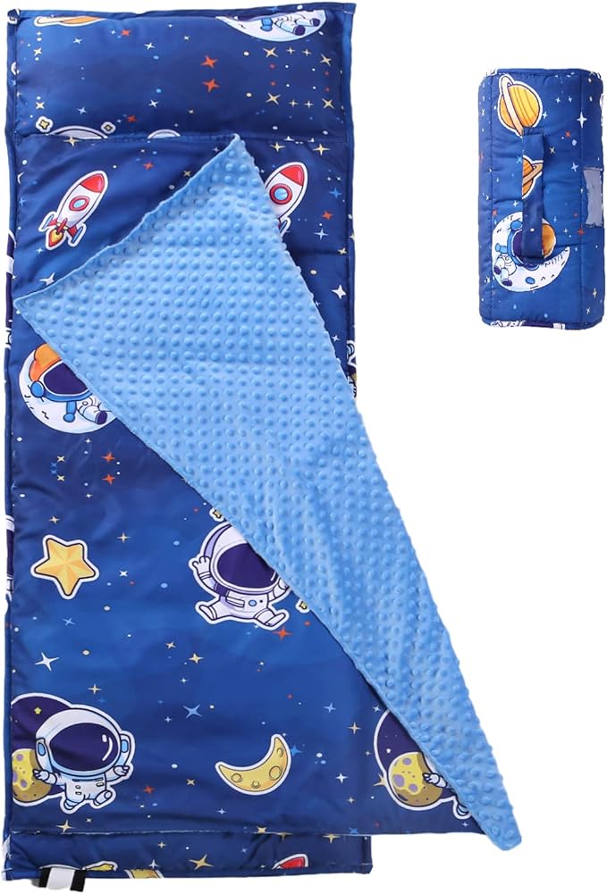 Toddler Nap Mat with Removable Pillow and Minky Blanket,Soft Rolled Napping Mats for Boys and Girls,Lightweight Daycare,Preschool,Travel Toddler Sleeping Slumber Bags -50"×20”(Space)
