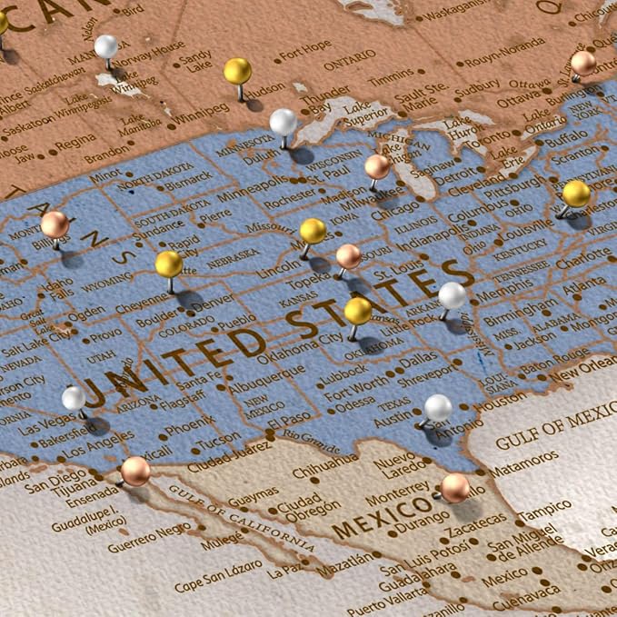 ElephantStock - Personalized Journey V Push Pin World Map Wall Art - Horizontal Canvas Wall Art - Living Room Wall Decor - Digital Art Map Canvas Art - Beige And Orange Decor - 48" x 32"