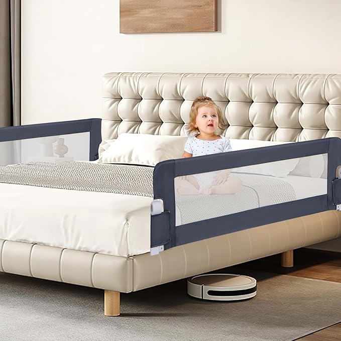BABY JOY Double Sided Bed Rail Guard, 2 Pack, Extra Long, Swing Down for Convertible Crib, Folding Baby Safety Bedrail for Kids Twin Full Size Queen King Mattress, Rails for Toddlers (Dark Blue, 60")