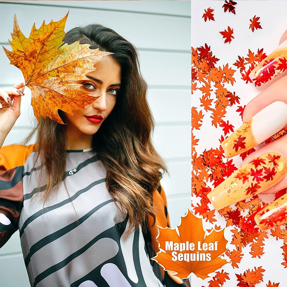 3D Fall Maple Leaf Nail Art Decals Charms for Nails, 3D Holographic Glitters Meteillc Red Yellow Nail Art Sequins Flakes for Women DIY Manicures Salon Accessories 2 Bag