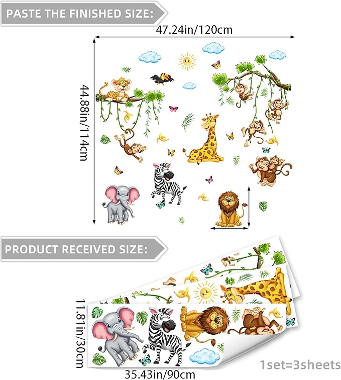 Cute Jungle Theme Wall Stickers Removable Animal Forest Wall Decals Elephant Monkey Lion Giraffe Zebra Peel and Stick Tropical Wall Art Decor for Nursery Bedroom Classroom (Colourful)