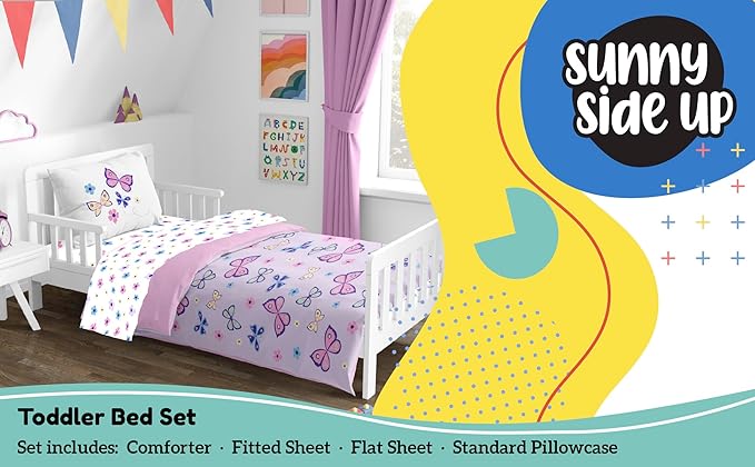 Sunny Side Up Butterfly Toddler Comforter Set - 4 Piece Toddler Bedding Includes Comforter, Sheets & Pillow Cover – Super Soft Purple Floral Microfiber Bed Set