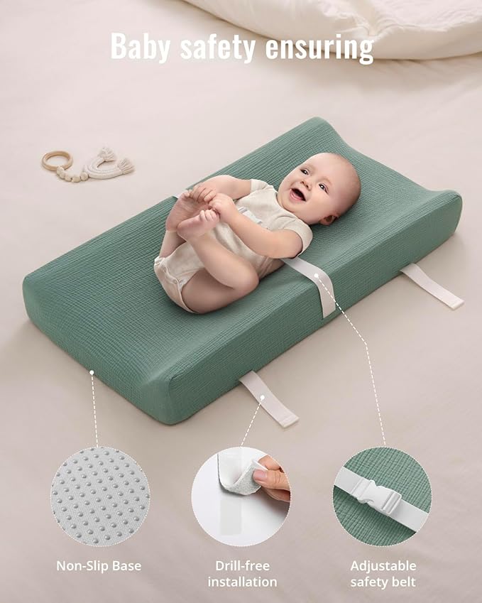 Blissful Diary Muslin Baby Changing Pad with Waterproof Lining Foam, Diaper Changing Table Pad with Cover for Dressers (Roman Green, Rectangular)