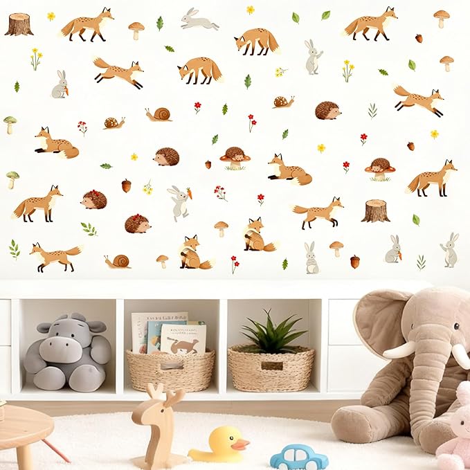 Woodland Animal Wall Stickers Cute Animals Wall Decals Peel and Stick Catroon Animal Decal Funny Fox Hedgehog Rabbit Stickers Forest Woodland Decals for Kids Room Bedroom Nursery Decor
