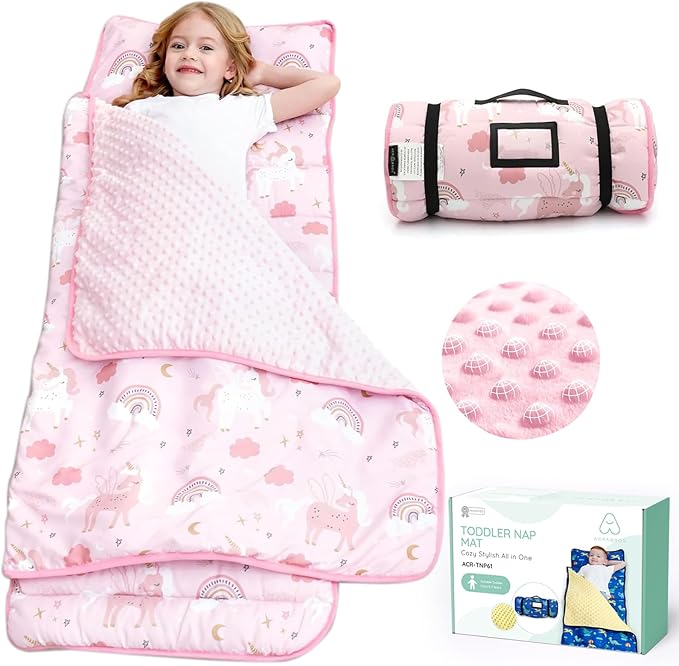 ACRABROS Toddler Nap Mat with Pillow and Blanket, Extra Large Rolled Napping Mats,Slumber Bags for Boys Girls,Kids Sleeping Bag for Daycare, Preschool Travel Camping, Unicorn