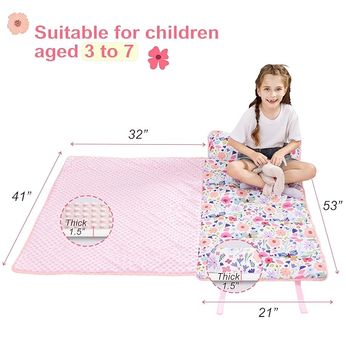 Viviland Toddler Nap Mat, Rolled Sleeping Mats with Pillow and Minky Dot Blanket for Girls, Kids Slumber Bag Nap Mat for Preschool, Daycare, Kindergarten, Travel Camping - Butterfly Garden