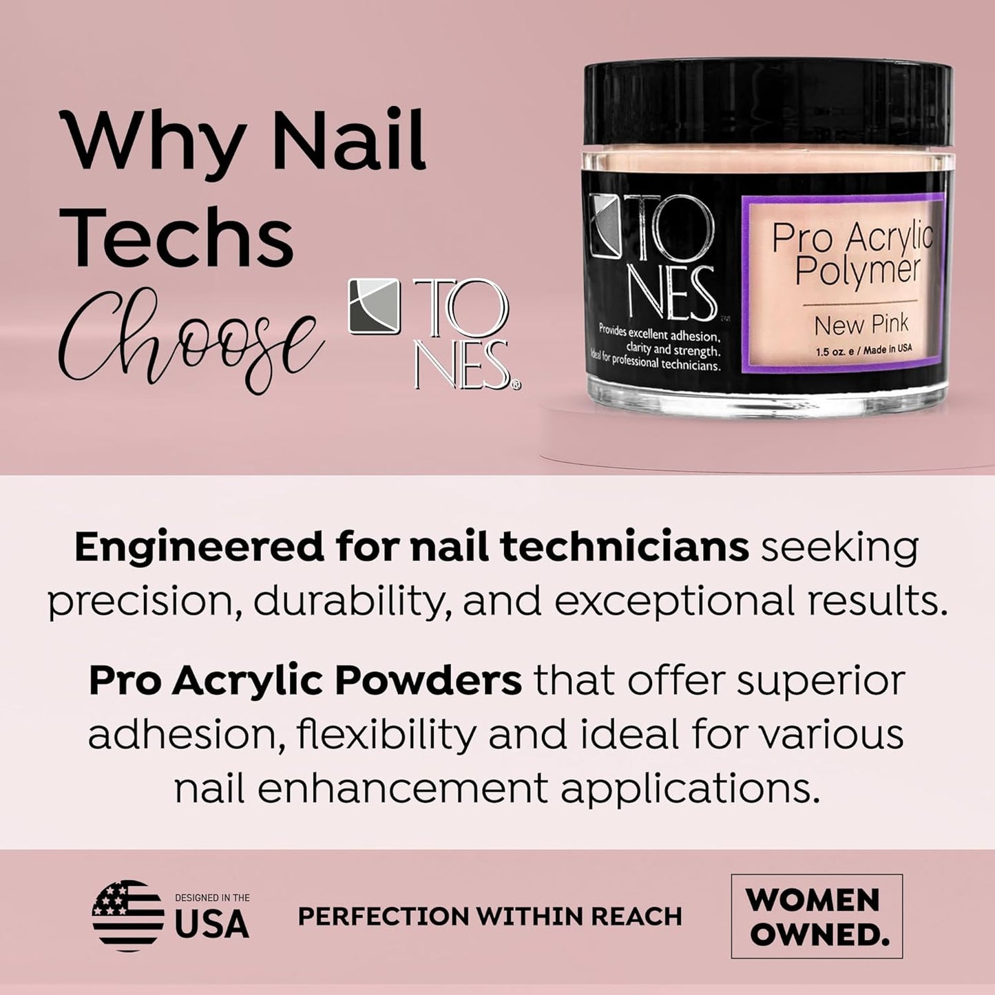 Tones Pro Acrylic Nail Powder, New Pink (Fresh Peach-Toned Pink), (3.5 Fl Oz) - Long-Lasting & Non-Yellowing Polymer for Salon Quality Nail Extensions & 3D Art