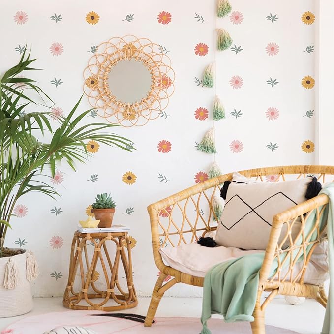 Daisy Wall Decals Boho Flower Wall Stickers 72 PCS for Girls Room Playroom Nursery, Removable Daisy Wall Decal Boho Peel and Stick Kids Room Decor Vinyl Murals DIY Decorations (12 Sheets)