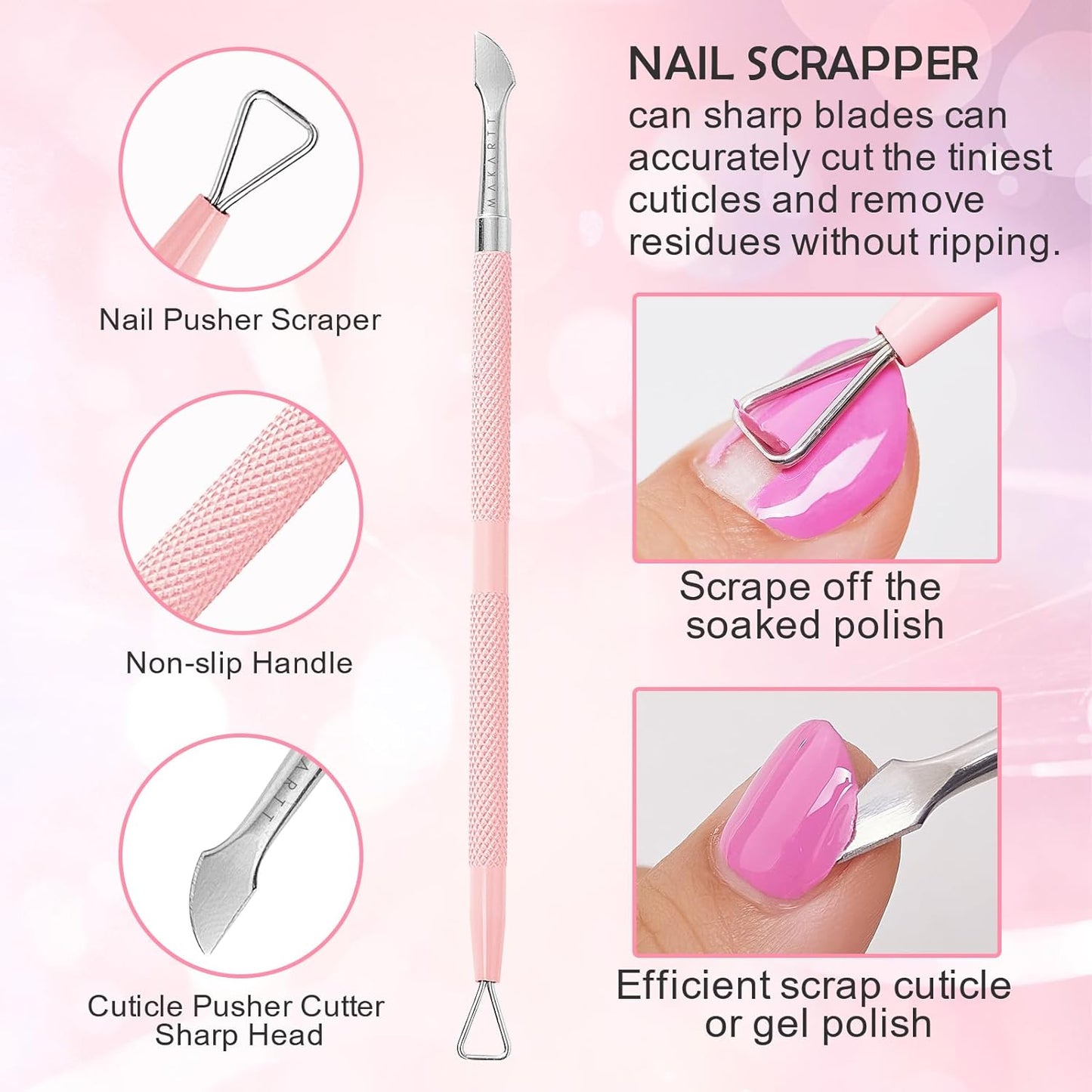 Makartt Cuticle Pushers, 2Pcs Stainless Steel Dual Ended Cuticle Remover with Spoon Pusher, Cutter, Scraper & Dead Skin Fork, Pink Manicure Pedicure Nail Care Kit