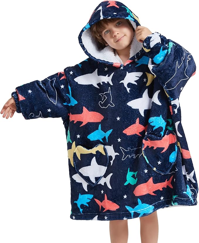 Fiosnow Shark Blanket Hoodies for Kids 6-13YR Oversize Wearable Blanket Hoodies for Boys Girls Teens