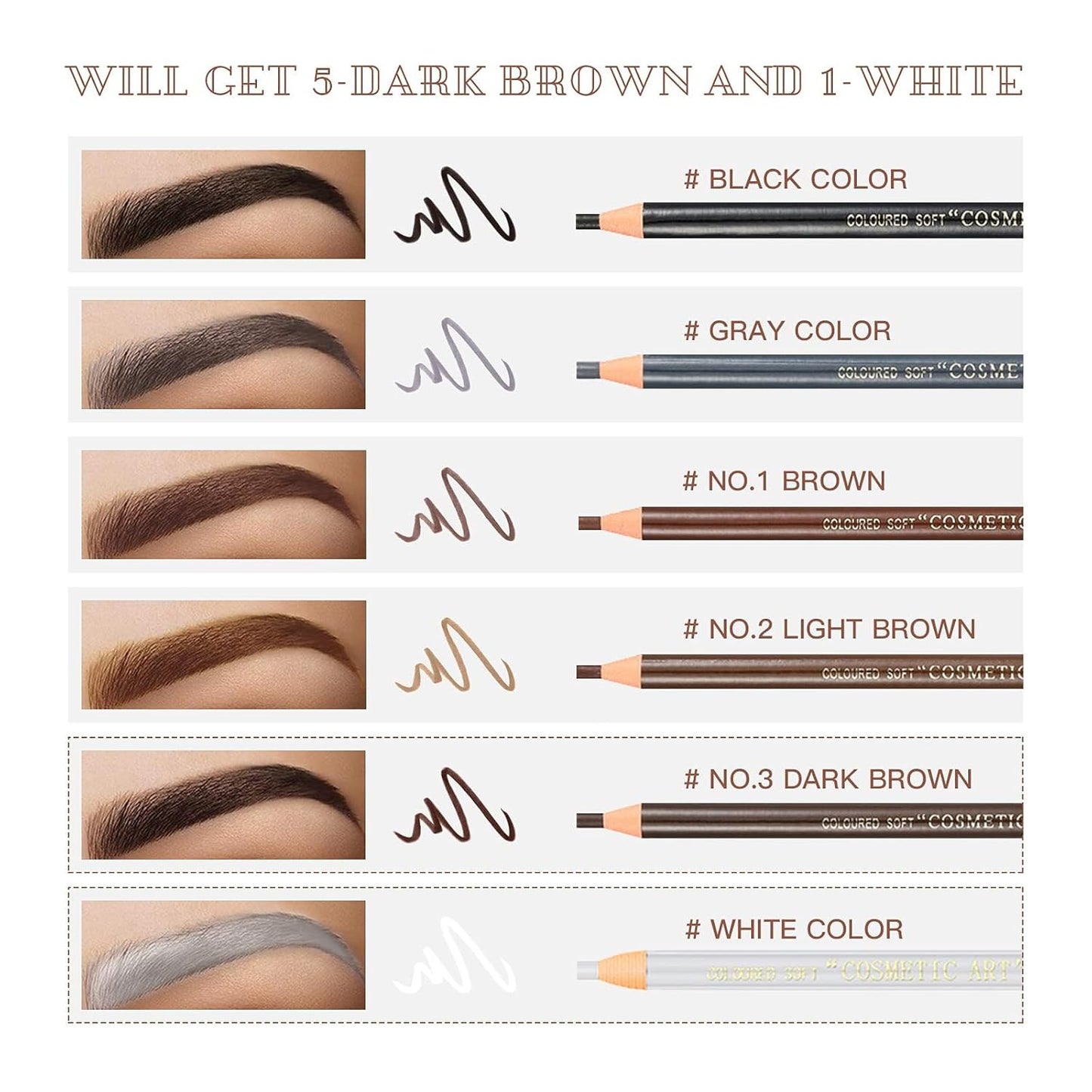 Waterproof Eye-Brow Pen-cil Set, Pull Cord Peel-off Eyebrow Pencil Microblading Pen Supplies Kit, White Eye-Liner Pencil and Eyebrows Tool Tattoo Makeup For Marking (5+1 Dark Brown)