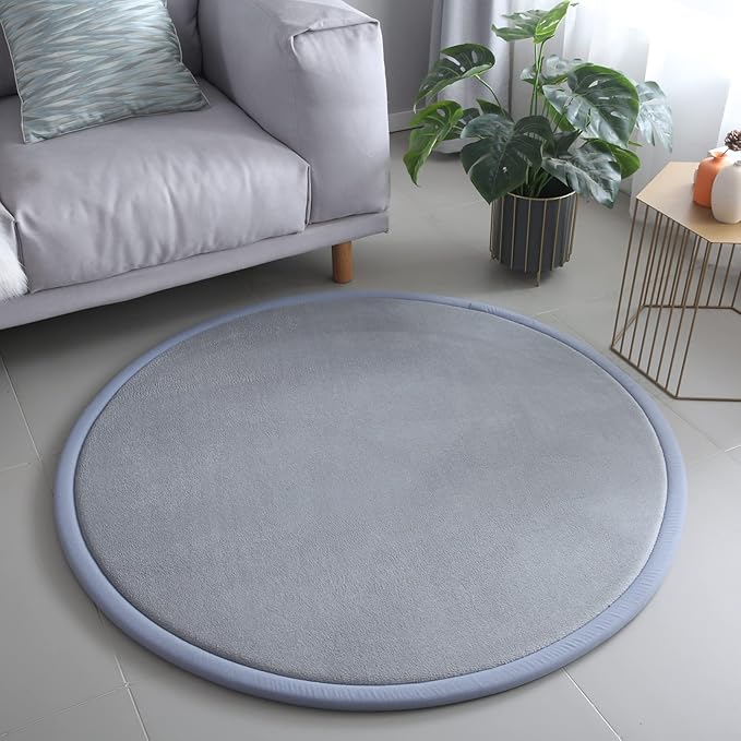 Loartee Thick Kids Round Rug - Coral Velvet Area Rugs, Memory Foam Circular Carpet for Nursery Playroom Home Decor Dormitory, Diameter 55 inch, Gray
