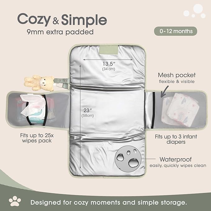 J&Joo Portable Diaper Changing Pad - Ultra Soft, Extra Padded, Waterproof Baby Changer Travel Essential, EZ Access Mesh Pockets, Gift for Baby Shower, Newborn Girls and Boys, 0-12 Months