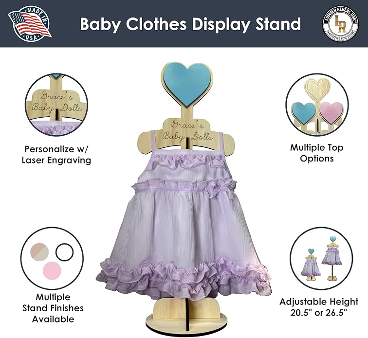 Lumber Reveal USA Baby Clothes Display Stand Personalized Baby Shower Centerpiece or Baby Doll Display | Adjustable Height, Heart-Topped Dress Hanger