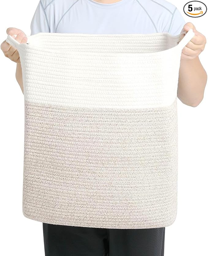 Tall Laundry Basket With Handles,Woven Cotton Rope Big Laundry Hamper Sorters,Versatile Storage for Dirty Clothes,Baby Toys,and Blankets in Bathroom, Nursery,and Living Room (White Brown, 50L)