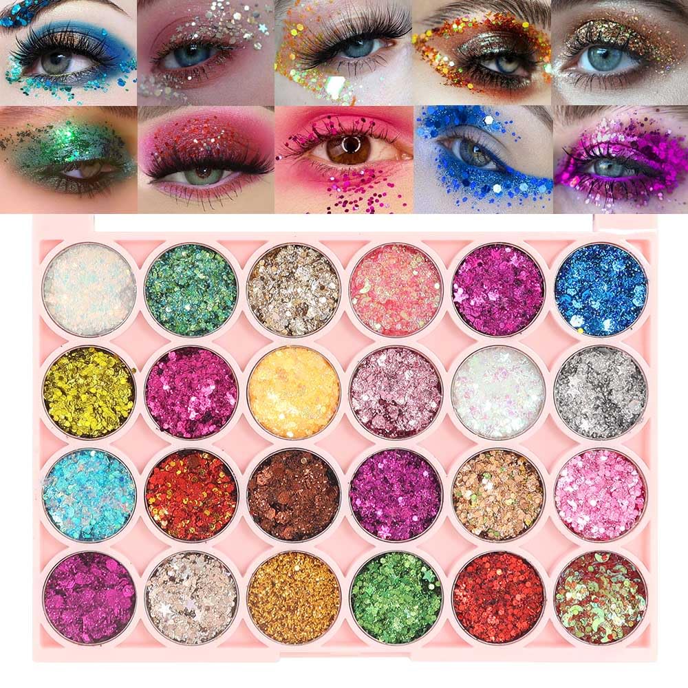 evpct 24 Colors Glitter Eyeshadows Palette Makeup for Women, Black White Pink Green Blue Rainbow Sparkle Neon Metallic Shimmer Shiny Eyeshadow Palette, Body Pressed Eye Shadow Glitter Palette Makeup