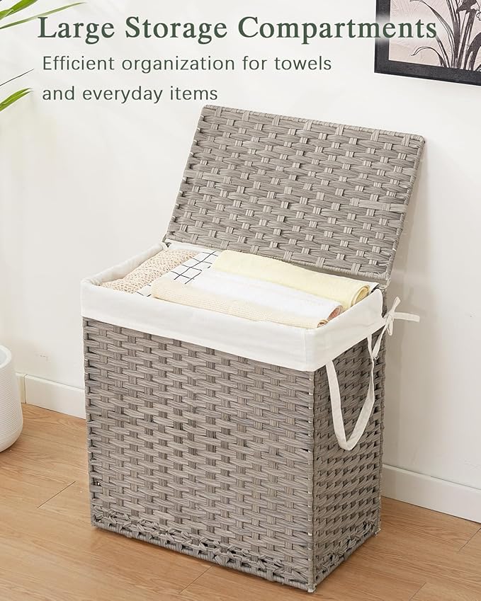 Laundry Hamper with Lid Wicker Laundry Basket 112 L (29.6 Gal) Laundry Hampers Handwoven Rattan Clothes Hamper with Handles 3 Removable Liner Bag, 6 Mesh Bags for Bathroom Bedroom Gray