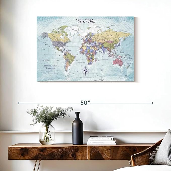ElephantStock - Push Pin Travel Map World I Wall Art - Horizontal Canvas Wall Art - Living Room Wall Decor - Printmaking Map Canvas Art - Blue And Beige Decor - 36" x 24"