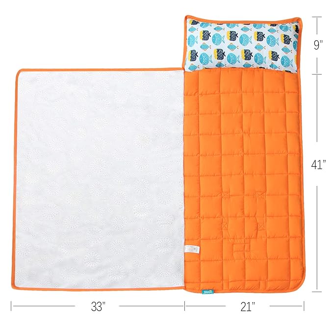Biloban Toddler Nap Mat with Blanket, Cot Nap Mats for Standard Daycare Preschool, Roll up Lightweight Portable Sleeping Bag for Kids, Super Soft Cozy, Fish, 50" x 21"