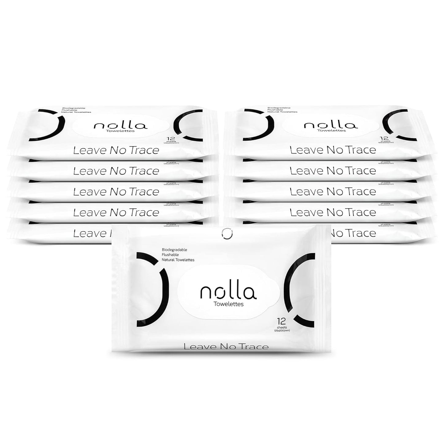 Nolla Flushable Wipes Travel Packs, 100% Plant-Based, Plastic-Free and Biodegradable - Unscented + Soothing Aloe and Vitamin E 120 Count (10 Packs of 12)