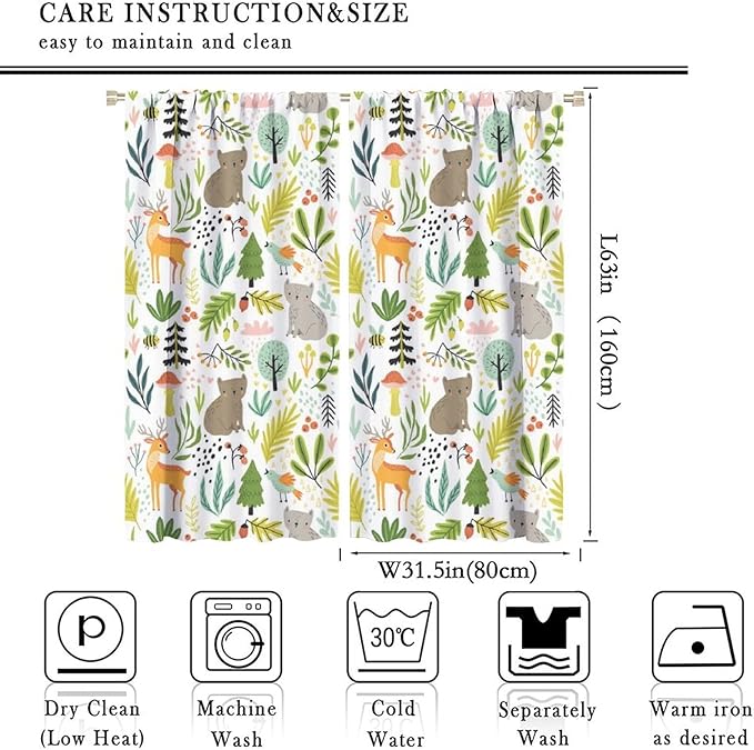 Cartoon Forest Kids Blackout Curtains,Cute Woodland Wild Animals Colorful Deer Plants Trees Print Pattern Thermal Insulation Window Drapes for Nursery Boys Girls Bedroom,White Background 63x63in