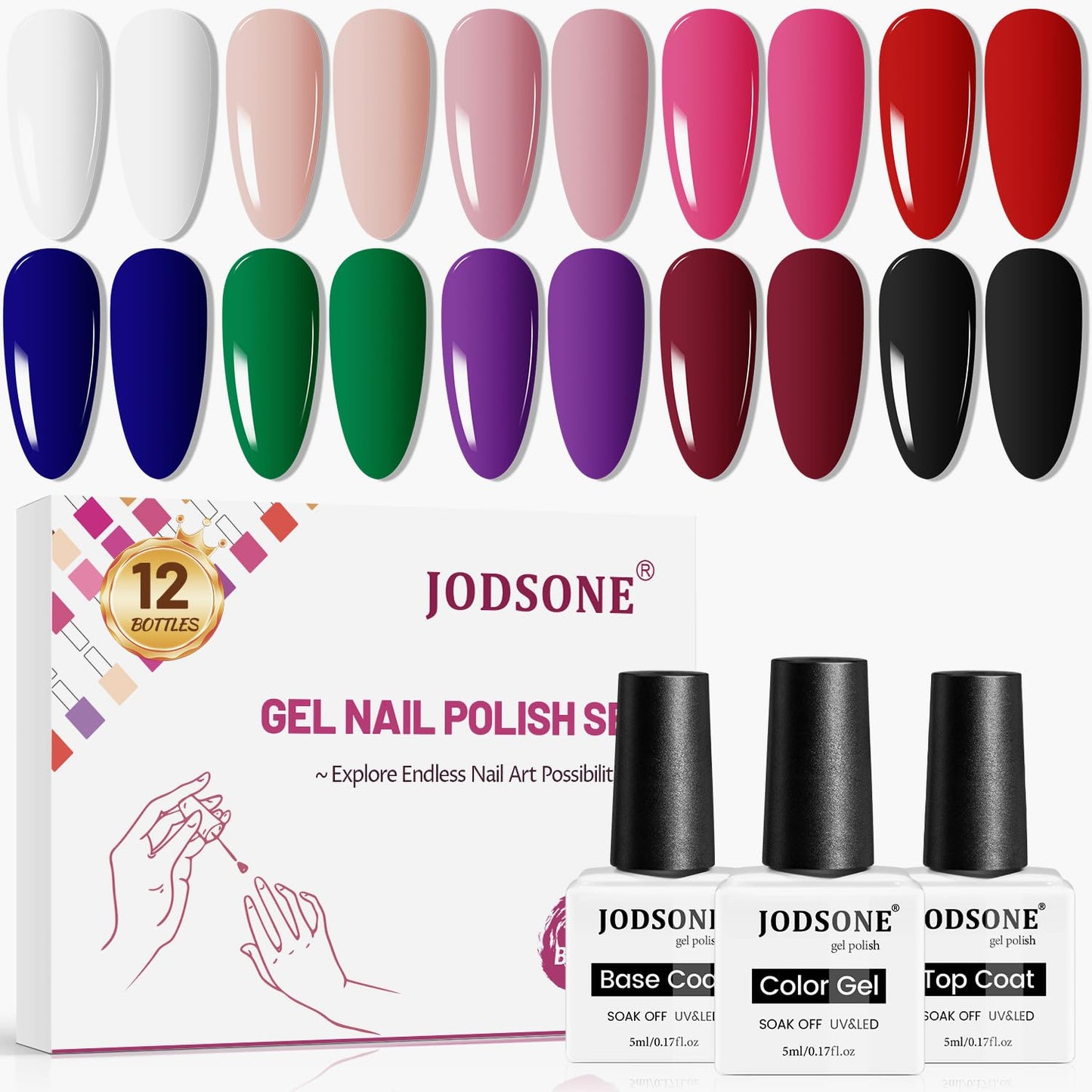 JODSONE 12 Bottles Gel Nail Polish Set Base Coat Glossy Top Coat Fast Drying Long Lasting Soak Off Wipe Free