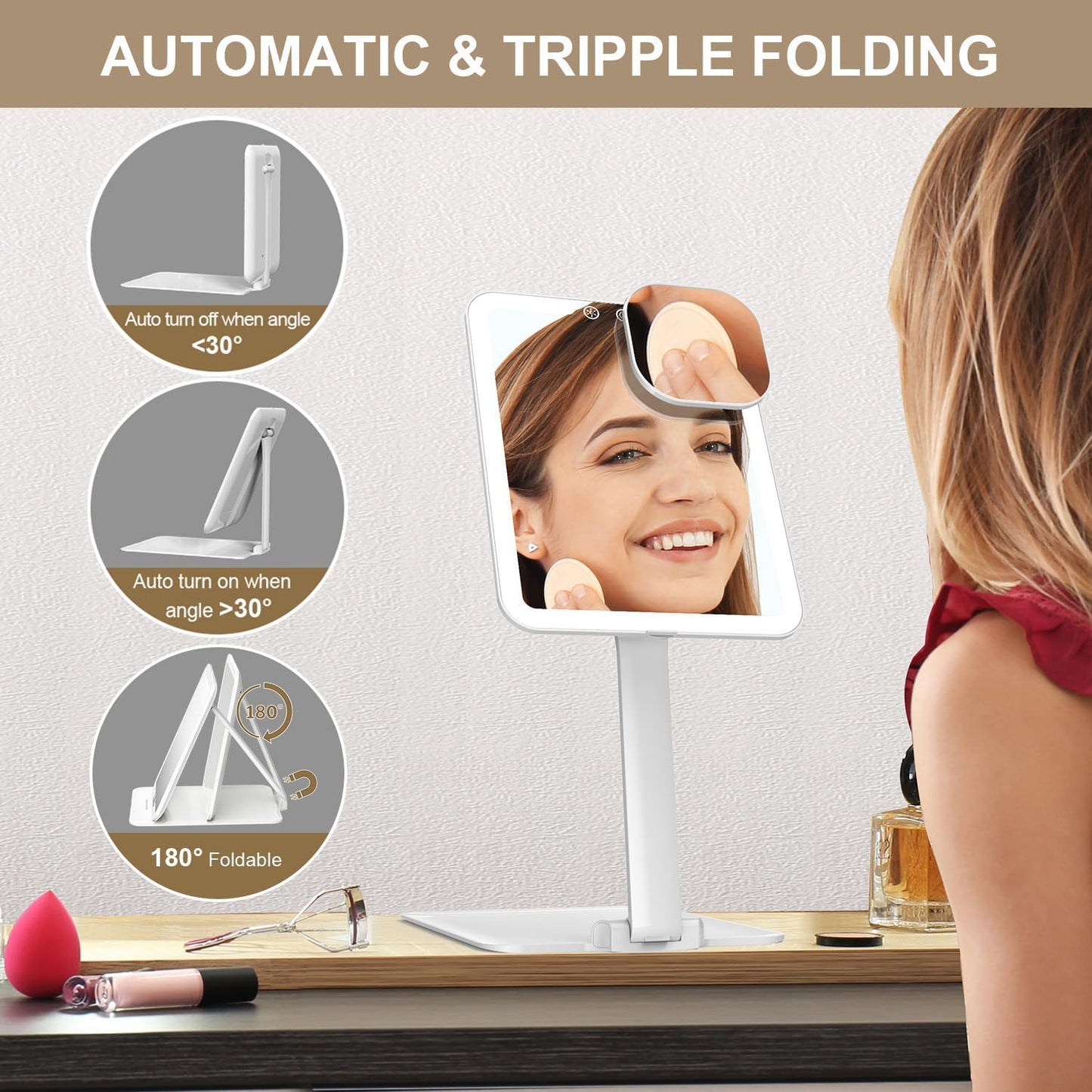 Mocado Travel Makeup Mirror with Light - 7x5 Inches Tripple Folding Travel Mirror with Light, 3 Colors Lighted Makeup Mirror, Portable Makeup Mirror, Freely Adjust Height and Angle(White)