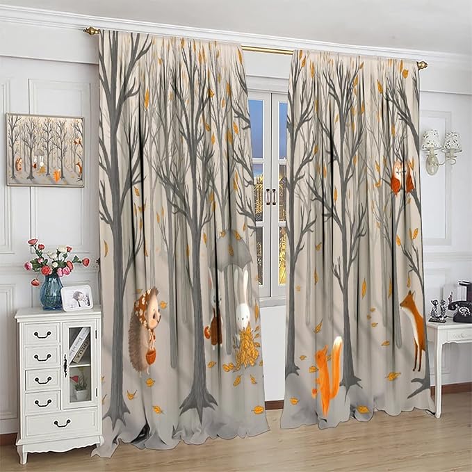 Kids Woodland Animal Window Curtains, Autumn Forest Hedgehog Rabbits Squirrel Fox Birds Blackout Rod Pocket Window Treatments Drapes for Boys Girls Bedroom 63x63in
