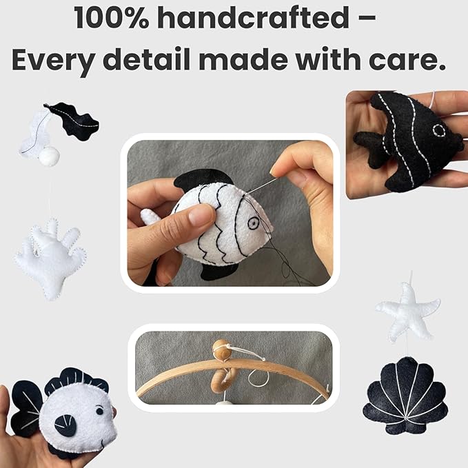High-Contrast Black & White Fish Montessori Baby Mobile for Crib, Adjustable Wooden Arm Holder, Easy Clip-On Nursery Decor for Visual Stimulation & Gift