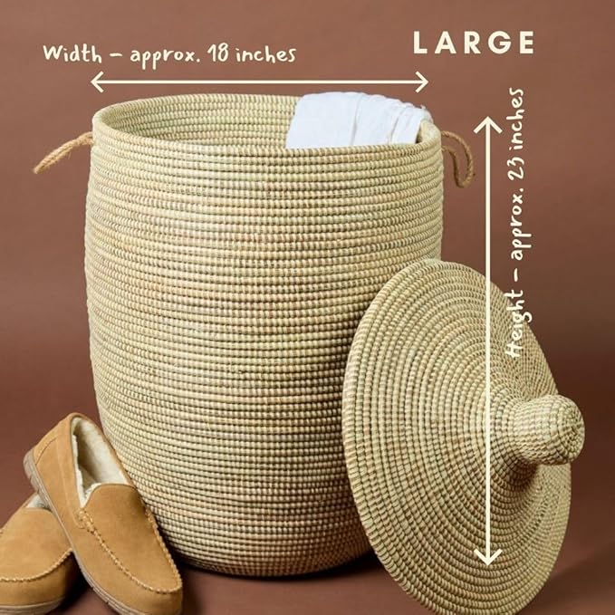 Tall Large Decorative Wicker Storage Basket with Lid, Laundry Hamper, Blanket Storage, Toys Bin, Clothes Holder, Boho Style (Beige)