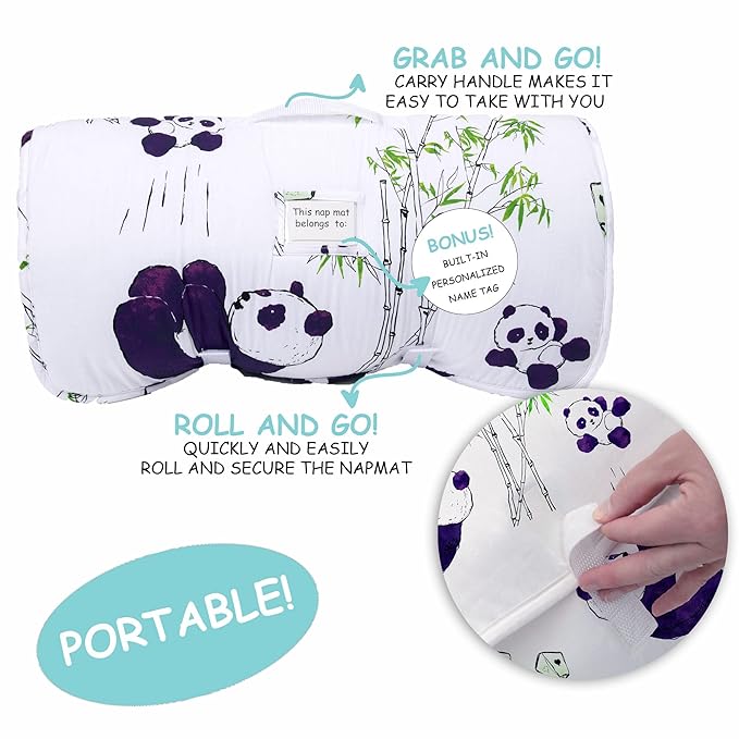 JumpOff Jo Nap Mat for Kids - Cozy Kids Rest Mat with Removable Pillow and Ultra Soft Blanket for Preschool, Daycare, and Sleepovers - Playful Pandas