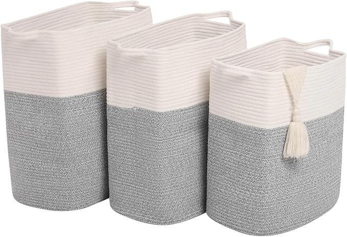 Tall Laundry Basket With Handles,Woven Cotton Rope Big Laundry Hamper Sorters,Versatile Storage for Dirty Clothes,Baby Toys,and Blankets in Bathroom, Nursery,and Living Room (Silver Gray, 50L)