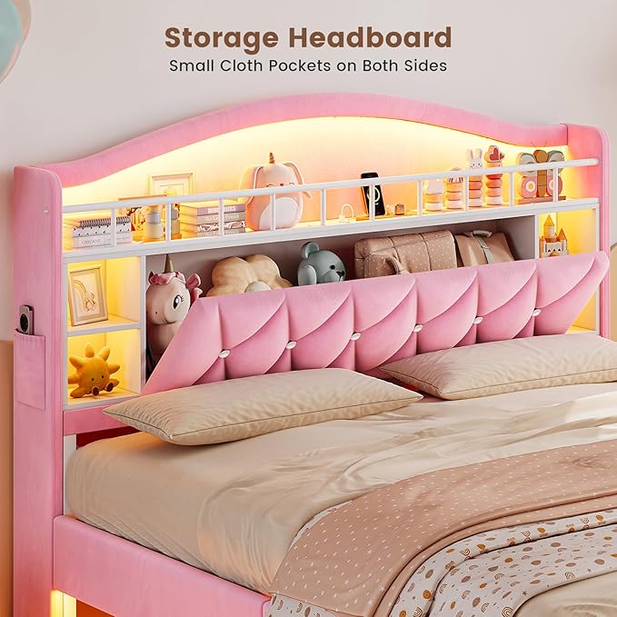 ADORNEVE Queen Bed Frame with LED Lights, Princess Velvet Upholstered Platform Bed for Girls, Headboard with Charging Station & Guardrail & Crystal Button, No Box Spring Needed, Pink