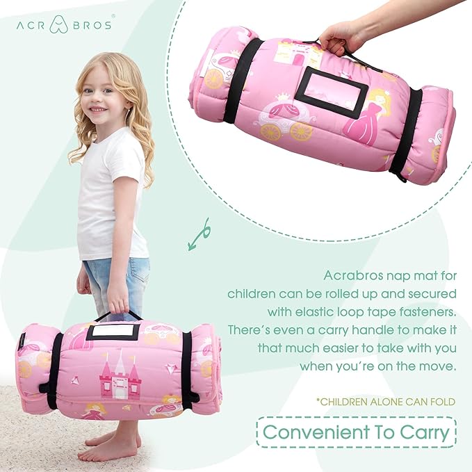 ACRABROS Toddler Nap Mat with Pillow and Blanket, Extra Large Rolled Napping Mats,Slumber Bags for Boys Girls,Kids Sleeping Bag for Daycare, Preschool Travel Camping,Little Princess