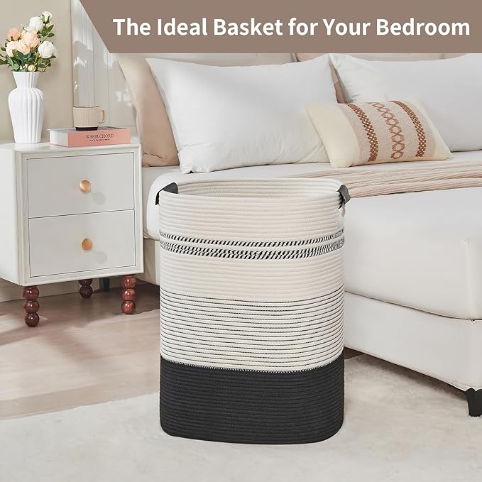 Laundry Basket with Handles - Blanket Basket & Hampers for Bedroom Aesthetic, Laundry Hamper & Blanket Storage for Living Room, Clothes Hamper, Tall, Large 17" x 14" x 22”, Black & White