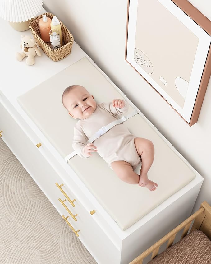YACODAVO Wipeable Baby Changing Pad for Dresser and Table, Cozy Diaper Changing Pad with Waterproof & Wipe-Clean Leather Cover, Standard Size (31.5" L x 15.8" W), Off-White