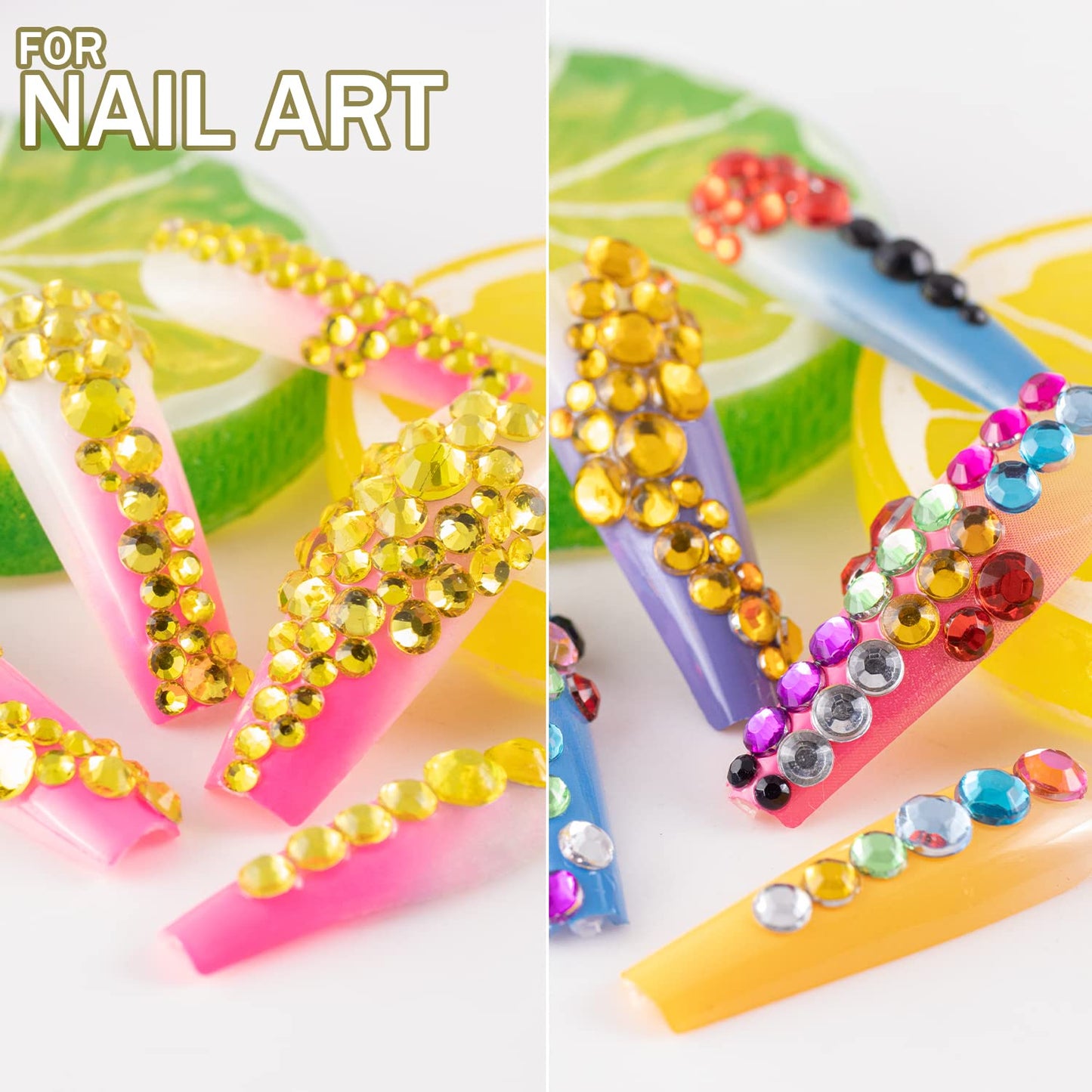Two Packs of Flatback Rhinestones 4520 Pcs Colorful Nail Art Rhinestones Flatback Crystal Colorful+Lemon Yellow Rhinestone with Picker Pencil and Tweezer for Nail Art and Decoration