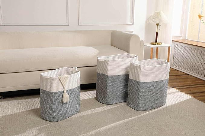 Tall Laundry Basket With Handles,Woven Cotton Rope Big Laundry Hamper Sorters,Versatile Storage for Dirty Clothes,Baby Toys,and Blankets in Bathroom, Nursery,and Living Room (Silver Gray, 68L)