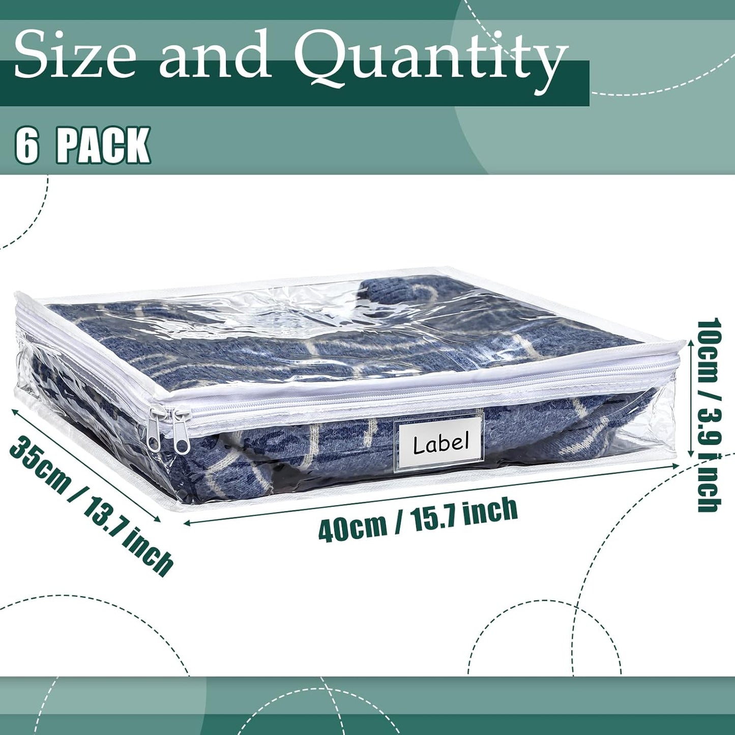 Hoolerry 6 Pieces Sweater Storage Bags Plastic Clear PVC Clothes Storage Bags with Zipper and Label for Blankets Clothes Closet Quilt Pillow Bed Sheet Organizer(15.7 x 13.7 x 3.9 Inch)