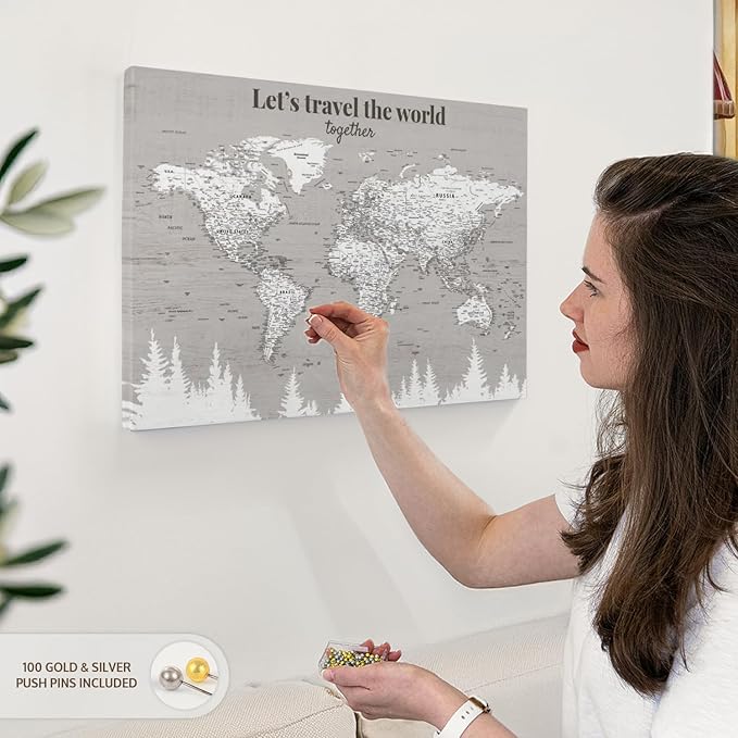 ElephantStock - Let's Travel II Push Pin World Map Wall Art - Horizontal Canvas Wall Art - Living Room Wall Decor - Digital Art Map Canvas Art - Gray And White Decor - 24" x 16"