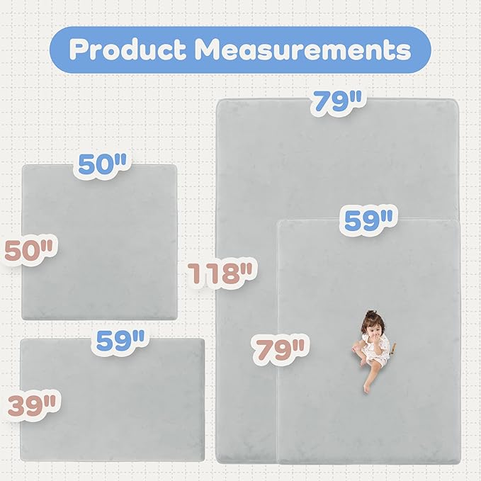 1.5" Super Thick Baby Play Mat for Floor, 79x118 Pro Soft Flannel Foam Mats for Toddler Infant Kids Crawling for Nursery Rug Playroom Living Room Waterproof Easy Care Non-Slip (Light Grey)
